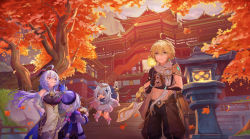 Rule 34 | 1boy, 4girls, aether (genshin impact), ahoge, architecture, autumn leaves, bell, blonde hair, blue hair, braid, breasts, brown pants, brown shirt, camera, cropped shirt, detached sleeves, dress, east asian architecture, ganyu (genshin impact), genshin impact, hair ornament, halo, hat, highres, holding, holding camera, horns, long hair, long sleeves, medium breasts, multicolored clothes, multiple girls, neck bell, ningguang (genshin impact), outdoors, paimon (genshin impact), pants, purple eyes, purple hair, qiqi (genshin impact), scarf, shirt, single braid, superman3go, white dress, white hair, white scarf