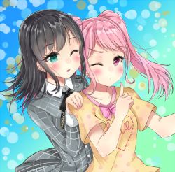 Rule 34 | 2girls, ;d, aqua eyes, bang dream!, black hair, black neckwear, blurry, blush, bokeh, bow, bowtie, clothes writing, collarbone, commentary request, depth of field, hand on another&#039;s shoulder, heart, index finger raised, maeshima ami, maruyama aya, medium hair, multiple girls, nail polish, neck ribbon, neku (sky hologram), one eye closed, open mouth, pink eyes, pink hair, pink nails, pink neckwear, plaid, polka dot, polka dot shirt, ribbon, shirt, short sleeves, sidelocks, smile, t-shirt, twintails, voice actor, voice actor connection, yellow shirt