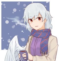 Rule 34 | 1girl, absurdres, angel wings, beige jacket, blue scarf, blush, braid, coffee, cup, dress, eyelashes, feathered wings, feet out of frame, french braid, half updo, highres, holding, holding cup, idaku, jacket, kishin sagume, long sleeves, open clothes, open jacket, open mouth, parted lips, purple dress, red eyes, scarf, short hair, silver hair, single wing, smile, snow, snowing, solo, standing, suit jacket, touhou, upper body, wings, ||/