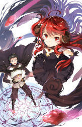 Rule 34 | 1boy, 1girl, ahoge, black dress, black gloves, boots, cape, character request, cover image, demon girl, dress, flat chest, frilled dress, frills, frontier world, gem, gloves, highres, horns, jewelry, long hair, looking at viewer, magic circle, novel illustration, official art, red eyes, red hair, simple background, smoke, stone, strapless, strapless dress, tachibana yuu, textless version, white background