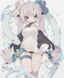 Rule 34 | 1girl, absurdres, ahoge, animal, aqua bow, aqua eyes, aqua ribbon, arms at sides, bare shoulders, black sleeves, bow, breasts, china dress, chinese clothes, closed mouth, detached sleeves, dress, expressionless, feet out of frame, grey hair, hair bow, highres, legs together, light blush, long hair, looking at viewer, looking down, medium breasts, nep (nep 76), original, puffy sleeves, ribbon, sleeves past fingers, sleeves past wrists, snake, solo, thigh strap, tsurime, twintails, very long hair, white background, white bow, white dress, white snake
