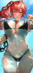 Rule 34 | 1girl, absurdres, afloat, ahoge, air bubble, azur lane, bad id, bad pixiv id, bare shoulders, bikini, black bikini, blush, breasts, bubble, caustics, cleavage, commentary request, cowboy shot, gluteal fold, goggles, goggles around arm, groin, gyudan (t1k 7), hair between eyes, highres, holding, holding whistle, large breasts, long hair, looking at viewer, midriff, multi-strapped bikini, multiple straps, navel, parted lips, partially submerged, partially underwater shot, red hair, side ponytail, sidelocks, skindentation, solo, swimsuit, thigh gap, underboob, underwater, water, whistle, zara (azur lane), zara (poolside coincidence) (azur lane)