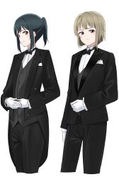 2girls 89ru0 asymmetrical_hair black_bow black_bowtie black_hair black_jacket black_pants black_suit black_vest bob_cut bow bowtie breast_pocket brown_hair butler closed_mouth collared_shirt commentary_request cropped_legs female_butler formal_clothes gloves highres inverted_bob jacket looking_at_viewer love_live! love_live!_nijigasaki_high_school_idol_club mifune_shioriko multiple_girls nakasu_kasumi open_clothes open_jacket pant_suit pants pocket ponytail red_eyes shirt short_hair sidelocks simple_background smile split_mouth suit suit_jacket tailcoat traditional_bowtie vest white_background white_gloves white_shirt