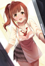 Rule 34 | 1girl, :d, apron, asymmetrical bangs, blush, bow, breasts, brown eyes, brown hair, collarbone, commentary request, cowboy shot, doorway, dutch angle, hair bow, highres, idolmaster, idolmaster cinderella girls, igarashi kyoko, large breasts, leaning forward, looking at viewer, mk (mod0), neckerchief, open door, open mouth, opening door, pink apron, plaid, plaid skirt, pleated skirt, pov doorway, school uniform, side ponytail, sidelocks, skirt, sleeves rolled up, smile, solo