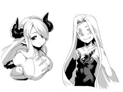 Rule 34 | 10s, 2girls, ahoge removed, bare shoulders, breasts, choker, collarbone, dark persona, draph, dress, elbow gloves, empty eyes, gloves, granblue fantasy, greyscale, grin, hair intakes, hair over one eye, horns, large breasts, long hair, lyria (granblue fantasy), monochrome, multiple girls, narmaya (granblue fantasy), obui, pointy ears, sideboob, simple background, sleeveless, smile, white background