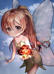 Rule 34 | 1girl, bare shoulders, blue eyes, brown hair, cloud, commission, dress, fairy, fairy wings, flying, green dress, han seol, highres, long hair, magic, original, outstretched hand, ponytail, short dress, sky, smile, solo, strapless, strapless dress, very long hair, wings