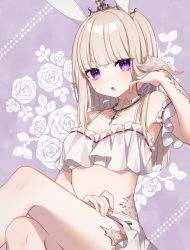 Rule 34 | 1girl, :o, absurdres, animal ears, au ra, blunt bangs, breasts, cleavage, commentary request, crossed legs, detached collar, final fantasy, final fantasy xiv, floral background, hazakura chikori, highres, long hair, looking at viewer, midriff, platinum blonde hair, purple background, purple eyes, rabbit ears, sitting, skirt, small breasts, solo, tiara, warrior of light (ff14), white skirt