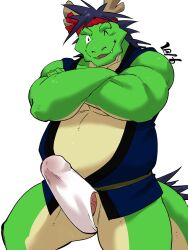 Rule 34 | 1boy, artist name, bara, belly, blue hair, bulge, commentary request, crossed arms, dragon boy, dragon horns, dragon tail, erection, erection under clothes, fang, fang out, fat, furry, furry male, hachimaki, happi, headband, highres, horns, japanese clothes, looking at viewer, male focus, morenatsu, nejiri hachimaki, one eye closed, pectorals, shirako (kirupi), smile, tail, tatsuki midoriya, white background