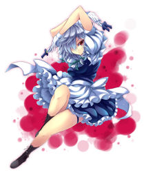 Rule 34 | 1girl, braid, embodiment of scarlet devil, female focus, full body, gloves, gradient background, izayoi sakuya, knife, maid, red eyes, short hair, silver hair, solo, throwing knife, touhou, touya (the-moon), twin braids, weapon, white background
