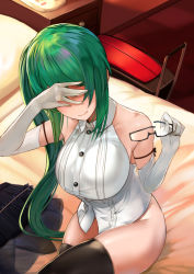 Rule 34 | .live, 1girl, bed, black thighhighs, blush, breasts, collared shirt, covering face, covering own eyes, drawer, elbow gloves, unworn eyewear, gloves, green hair, holding, holding removed eyewear, hoshara, indoors, kagura suzu (.live), large breasts, long hair, no panties, pillow, shirt, side ponytail, skindentation, skirt, unworn skirt, sleeveless, sleeveless shirt, solo, suitcase, thighhighs, thighs, virtual youtuber, white gloves, white shirt