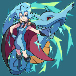 Rule 34 | 1girl, black cape, black choker, blue bodysuit, blue eyes, blue footwear, blue gloves, blue hair, bodysuit, boots, cape, choker, clair (pokemon), closed mouth, commentary request, creatures (company), earrings, eyelashes, full body, game freak, gen 2 pokemon, gloves, hand on own hip, highres, jewelry, kingdra, knee boots, long hair, nintendo, pokemon, pokemon (creature), pokemon hgss, ponytail, smile, sutokame, tooth earrings