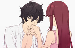 Rule 34 | 1boy, 1girl, alternate costume, amamiya ren, bare shoulders, black eyes, black hair, buttons, collared shirt, couple, from behind, hetero, highres, holding hands, jacket, kiss, kissing hand, lingerie, long hair, messy hair, open clothes, open jacket, persona, persona 5, persona 5 the royal, red hair, shirt, short hair, simple background, sleeveless, tsubsa syaoin, underwear, white background, white jacket, yoshizawa sumire