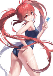 Rule 34 | 1girl, :d, absurdres, adjusting clothes, adjusting swimsuit, antenna hair, armpits, ass, bare arms, bare shoulders, battle mage (dungeon and fighter), black one-piece swimsuit, blush, breasts, competition swimsuit, dungeon and fighter, food, from behind, grin, highres, holding, holding food, leaning forward, long hair, looking at viewer, looking back, mage (dungeon and fighter), manda (luts7602), one-piece swimsuit, open mouth, parted lips, popsicle, red eyes, red hair, simple background, small breasts, smile, solo, swimsuit, teeth, thighs, twintails, very long hair, wet, white background