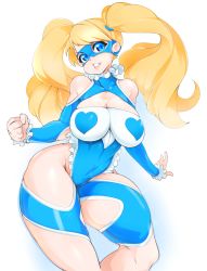 Rule 34 | 1990s (style), 1girl, bad id, bad tumblr id, bare shoulders, blonde hair, blue eyes, breasts, cleavage, cleavage cutout, clenched hand, clothing cutout, domino mask, female focus, heart, highres, large breasts, leotard, lips, long hair, mask, rainbow mika, shoulder cutout, slugbox, smile, solo, sparkle, street fighter, street fighter zero (series), thick thighs, thighs, twintails, wrestling outfit