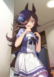 Rule 34 | 1girl, animal ears, black bow, blouse, blue flower, blush, bow, commentary, cowboy shot, embarrassed, fang, flower, frilled skirt, frills, from below, hair bow, hair over one eye, hands up, hat, hat flower, horse ears, indoors, long hair, looking at viewer, mofu namako, open mouth, pleated skirt, purple shirt, rice shower (umamusume), sailor collar, shirt, shirt tucked in, short sleeves, skirt, solo, thighhighs, umamusume, wavy mouth, white shirt, white skirt, white thighhighs