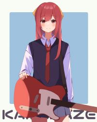 Rule 34 | 1girl, alternate costume, black vest, blue background, blue shirt, blue skirt, blush, character name, closed mouth, collared shirt, cowboy shot, electric guitar, guitar, hachino mugi, hair between eyes, hair ribbon, highres, instrument, kamikaze (kancolle), kantai collection, long hair, long sleeves, necktie, pleated skirt, purple eyes, purple hair, red necktie, ribbon, shirt, skirt, smile, solo, two-tone background, vest, white background, yellow ribbon
