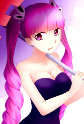 Rule 34 | 1girl, bare arms, bare shoulders, breasts, cleavage, collarbone, dress, drill hair, eyelashes, female focus, heart, heart-shaped pupils, highres, large breasts, long hair, looking at viewer, neck, one piece, open mouth, perona, pink eyes, pink hair, purple dress, scrunchie, solo, strapless, strapless dress, symbol-shaped pupils, twin drills, umbrella, upper body, zhandouli zhaganga, zhandouli⑨zhagangan
