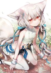 Rule 34 | 1girl, animal ears, chi no, commentary request, commission, fox ears, fox girl, fox tail, hair ornament, highres, long hair, looking at viewer, low twintails, original, red eyes, sakurada shiro (hy plus), skirt, solo, tail, twintails, very long hair, white hair