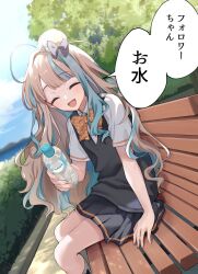 Rule 34 | 1girl, :d, ^ ^, ahoge, bench, black skirt, black vest, blue sky, blush, bottle, bow, bowtie, bush, closed eyes, collared shirt, commentary request, day, facing viewer, grey hair, hair bun, highres, holding, holding bottle, incoming drink, long hair, multicolored hair, nyalra (author), on bench, open mouth, orange bow, orange bowtie, original, outdoors, pleated skirt, shirt, short sleeves, single hair bun, sitting, skirt, sky, smile, solo, speech bubble, streaked hair, tarako, translation request, tree, vest, water bottle, white shirt