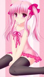 Rule 34 | 1girl, bad id, bad pixiv id, bare arms, black thighhighs, blush, dress, hair ribbon, highres, long hair, looking at viewer, original, pink background, pink dress, pink eyes, pink hair, ribbon, shimotsuki keisuke, sitting, sleeveless, sleeveless dress, solo, thighhighs, twintails, wariza