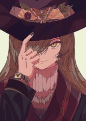 Rule 34 | 1girl, arm up, black jacket, black nails, brown background, brown eyes, brown hair, brown hat, bug, butterfly, cogecha, comitia, commentary request, earrings, fingernails, flower, fur trim, hair over one eye, hand on headwear, hat, highres, insect, jacket, jewelry, long hair, long sleeves, looking at viewer, nail polish, original, parted lips, red flower, red rose, rose, simple background, smile, solo, turtleneck, watch, witch hat, wristwatch