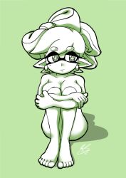 Rule 34 | 1girl, barefoot, breasts, cleavage, crossed arms, earrings, female focus, full body, green background, green theme, hair ornament, highres, inkling, jewelry, knees up, large breasts, legs together, marie (splatoon), mole, mole under eye, monochrome, nintendo, nude, simple background, solo, splatoon (series), splatoon 1, symbol-shaped pupils, tentacle hair, usa (dai9c carnival)