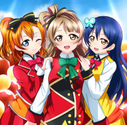Rule 34 | 3girls, blue eyes, blue hair, bow, butterfly hair ornament, commentary request, earrings, girl sandwich, grey hair, hair between eyes, hair bow, hair ornament, hand on another&#039;s shoulder, jewelry, kosaka honoka, long hair, looking at viewer, love live!, love live! school idol project, love live! the school idol movie, minami kotori, multiple girls, neck ribbon, one eye closed, one side up, open mouth, orange hair, ribbon, sandwiched, smile, sonoda umi, sunny day song, upper body, wewe