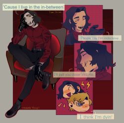 Rule 34 | 1boy, absurdres, black footwear, black gloves, black hair, black pants, chair, chibi, chinese commentary, collared shirt, commentary request, crossed legs, english text, figure four sitting, full body, gloves, highres, long sleeves, looking at viewer, male focus, multiple views, one eye closed, open mouth, original, pants, red background, red shirt, ringed eyes, scar, scar on face, scar on mouth, shirt, short hair, speech bubble, yellow eyes, yulei yuuuuu