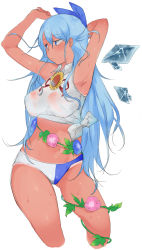 Rule 34 | 1girl, :/, aged up, alternate breast size, alternate costume, alternate hair length, alternate hairstyle, arm behind head, armpits, arms up, bare arms, bare legs, bare shoulders, bikini, bikini bottom only, blue bow, blue eyes, blue hair, bow, breasts, cirno, closed mouth, commentary request, cowboy shot, cropped legs, flower, gluteal fold, hair between eyes, hair bow, half-closed eyes, highres, ice, ice wings, long hair, looking to the side, medium breasts, midriff, morning glory, navel, plant, pushun (muteki), see-through, shirt, sleeveless, sleeveless shirt, solo, standing, stomach, sunflower, sweat, swimsuit, tan, tanline, tanned cirno, tied shirt, touhou, twisted torso, very long hair, vines, wet, wet clothes, white shirt, wings
