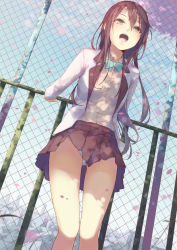 Rule 34 | 1girl, bow, bowtie, brown hair, chain-link fence, cityscape, dutch angle, fence, la-na, legs, open mouth, original, panties, pantyshot, petals, pleated skirt, railing, school uniform, skirt, solo, underwear, upskirt, white panties, yellow eyes