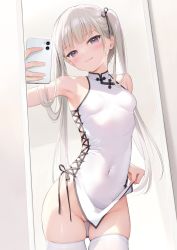 Rule 34 | 1girl, :q, armpits, bare shoulders, blush, breasts, cellphone, china dress, chinese clothes, closed mouth, clothes lift, collarbone, contrapposto, covered navel, dress, female pov, flashing, highres, holding, holding phone, kouhai-chan (mignon), lifting own clothes, long hair, looking at viewer, melonbooks, microdress, mignon, mirror, no panties, original, phone, pov, purple eyes, reaching, reaching towards viewer, reflection, selfie, side slit, skindentation, small breasts, smartphone, smile, solo, taking picture, thighhighs, third-party edit, tongue, tongue out, twintails, white dress, white thighhighs