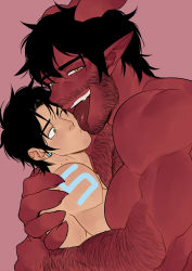 Rule 34 | 2boys, arm hair, bara, black hair, body markings, colored skin, demon boy, dominique (the devil and s-13), hairy, horns, hug, licking, licking another&#039;s face, looking at viewer, male focus, multiple boys, muscular, muscular male, one eye closed, pointy ears, red background, red skin, simple background, size difference, smile, steen (the devil and s-13), suyohara, teeth, the devil and s-13, tongue, tongue out, yaoi, yellow eyes