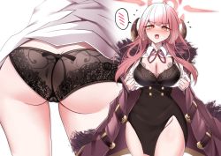 Rule 34 | 1girl, absurdres, aru (blue archive), ass, black skirt, blue archive, blunt bangs, blush, breasts, butt crack, cameltoe, cleavage, coat, collared shirt, demon horns, fur-trimmed coat, fur trim, halo, highres, horns, kokihanada, large breasts, lingerie, long hair, long sleeves, looking at viewer, neck ribbon, open mouth, pink hair, ribbon, shirt, side slit, skirt, solo, sweat, tears, thighs, underwear, white shirt, yellow eyes
