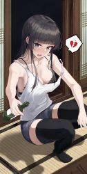 Rule 34 | 1girl, absurdres, apple ringo, bare arms, bare shoulders, black bra, black hair, black shorts, black thighhighs, blue eyes, bottle, bra, breasts, collarbone, heart, highres, holding, lace, lace-trimmed bra, lace trim, long hair, looking at viewer, medium breasts, no shoes, open mouth, original, shirt, short shorts, shorts, sitting, sleeveless, sleeveless shirt, solo, spaghetti strap, spoken heart, strap slip, thighhighs, underwear, white shirt