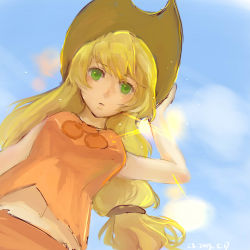 Rule 34 | 10s, 1girl, 2015, applejack, artist request, bad id, bad pixiv id, blonde hair, cowboy hat, dated, from below, green eyes, hat, holding, holding clothes, holding hat, long hair, looking at viewer, low-tied long hair, my little pony, my little pony: friendship is magic, sleeveless, solo