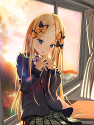 Rule 34 | 1girl, abigail williams (fate), bandaid, bandaid on face, bandaid on forehead, black bow, blazer, blonde hair, blue eyes, blush, bow, bowtie, classroom, crossed bandaids, curtains, desk, fate/grand order, fate (series), forehead, hair bow, highres, jacket, long hair, long sleeves, looking at viewer, open mouth, orange bow, parted bangs, plaid, plaid skirt, pleated skirt, sakazakinchan, school uniform, skirt, solo, steepled fingers, sunset, window