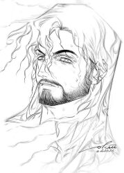 Rule 34 | 1boy, absurdres, beard stubble, dark-skinned male, dark skin, facial hair, greyscale, highres, light frown, long hair, looking at viewer, male focus, mature male, monochrome, okiii, parted lips, portrait, reverse:1999, shamane, solo, stubble, thick eyebrows, tsurime, wet