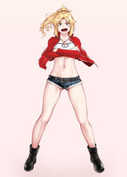 Rule 34 | 1girl, bandeau, blonde hair, boots, braid, breasts, crossed arms, denim, denim shorts, fate/apocrypha, fate (series), french braid, full body, green eyes, gunbuster pose, hair ornament, hair scrunchie, highres, jewelry, long hair, long sleeves, looking at viewer, mordred (fate), mordred (fate/apocrypha), mordred (memories at trifas) (fate), navel, necklace, open mouth, parted bangs, ponytail, red scrunchie, scrunchie, short shorts, shorts, sidelocks, siku siku, small breasts, solo
