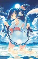 Rule 34 | 1girl, absurdly long hair, ainu clothes, amazuyu tatsuki, animal ears, aquaplus, ass, bare legs, barefoot, black hair, blue hair, blue sky, blush, breasts, cat tail, clothes lift, cloud, cloudy sky, covered erect nipples, crotch, dress, dress lift, eyelashes, eyes visible through hair, feet, from behind, from below, full body, fur, gradient eyes, gradient hair, hair between eyes, hair ornament, hair over one eye, hair up, highres, huge ass, in water, kneeling, kuon (utawarerumono), light rays, long hair, long sleeves, looking at viewer, looking back, medium breasts, mountain, mountainous horizon, multicolored eyes, multicolored hair, official art, open mouth, orange eyes, outdoors, raised eyebrows, ripples, scan, see-through, see-through dress, see-through skirt, shiny clothes, shiny skin, sidelocks, skirt, sky, solo, sun, sunlight, swept bangs, tail, thighs, toned female, utawarerumono, utawarerumono: itsuwari no kamen, very long hair, water, water drop, wet, wet clothes, white tail, yellow eyes