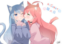 Rule 34 | 2girls, ahoge, alternate costume, alternate hair length, alternate hairstyle, animal ear fluff, animal ears, black choker, blue eyes, blue fur, blue hair, blue hoodie, cat day, cat ears, cat girl, cat tail, choker, closed mouth, commentary request, dated, green eyes, hands up, highres, hololive, hood, hood down, hoodie, hoshimachi suisei, kemonomimi mode, licking, licking another&#039;s face, long hair, looking at another, multiple girls, one eye closed, pink fur, pink hair, pink hoodie, sakura miko, signature, simple background, sleeves past wrists, smile, star (symbol), star in eye, symbol in eye, tail, tongue, upper body, very long hair, virtual youtuber, white background, yuri, yuri pekko