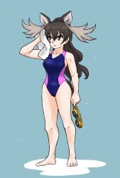 Rule 34 | animal ears, antlers, bare arms, bare legs, bare shoulders, barefoot, blue one-piece swimsuit, brown eyes, brown hair, competition swimsuit, extra ears, full body, goggles, gravi pig4891, hair between eyes, highres, holding, holding goggles, horns, kemono friends, long hair, moose (kemono friends), moose ears, moose girl, moose tail, one-piece swimsuit, ponytail, purple one-piece swimsuit, sidelocks, swimsuit, tail, towel, two-tone one-piece swimsuit, water drop, wet, white towel