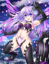 Rule 34 | 1girl, bandeau, bare shoulders, blue eyes, breasts, bustier, cleavage, cowboy shot, crotch plate, elbow gloves, gloves, hair ornament, highres, kazuneko (wktk1024), long hair, mechanical wings, medium breasts, midriff, navel, nepgear, nepnep connect: chaos chanpuru, neptune (series), open mouth, outdoors, pubic tattoo, purple hair, purple sister, purple sister (chaos form), revealing clothes, revision, smile, solo, stomach, symbol-shaped pupils, tattoo, thighhighs, v-shaped eyebrows, wings