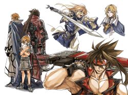 Rule 34 | 3boys, abs, blonde hair, brown hair, cape, capelet, coat, crown, dong hole, eyepatch, fingerless gloves, gloves, guilty gear, guilty gear 2, guilty gear xrd, headband, highres, holding, holding stuffed toy, holding sword, holding weapon, huge weapon, ky kiske, long hair, multiple boys, muscular, muscular male, ponytail, red eyes, red headband, shoes, shorts, sidelocks, simple background, sin kiske, sneakers, sol badguy, spiked hair, stuffed toy, sword, weapon, white background