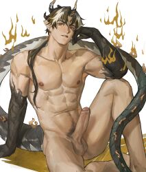 Rule 34 | 1boy, absurdres, aixiwuganda (20222192), arknights, boxer briefs, chinese commentary, chong yue (arknights), completely nude, dragon boy, dragon horns, dragon tail, erection, foreskin, hand on own face, highres, horns, long hair, looking at viewer, male focus, male underwear, multicolored hair, navel hair, nude, penis, ponytail, solo, tail, thick eyebrows, uncensored, underwear, white background