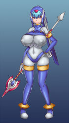 Rule 34 | 1girl, alternate breast size, blue eyes, bluespice, bodysuit, boots, breasts, capcom, covered erect nipples, curvy, full body, gloves, gradient background, hand on own hip, helmet, highres, holding, holding polearm, holding spear, holding weapon, large areolae, large breasts, fairy leviathan (mega man), mega man (series), mega man zero (series), nipples, polearm, simple background, solo, spear, standing, thigh boots, thighhighs, weapon, white gloves