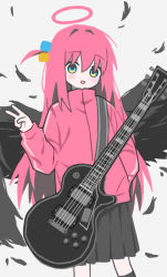 Rule 34 | 1girl, angel wings, black feathers, black skirt, black wings, blue eyes, bocchi the rock!, cube hair ornament, electric guitar, feathered wings, feathers, feet out of frame, gibson les paul, gotoh hitori, grey background, guitar, hair between eyes, hair bobbles, hair ornament, halo, hand in pocket, instrument, jacket, kneehighs, light blush, long hair, looking at viewer, lurenjia, multicolored eyes, multicolored hair bobbles, open mouth, pink hair, pink halo, pink jacket, pleated skirt, raised eyebrows, skirt, smile, socks, solo, swept bangs, track jacket, v, wings, yellow eyes