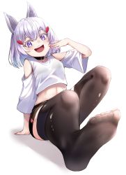 Rule 34 | 1girl, :d, absurdres, animal ears, arm cutout, black thighhighs, breasts, collar, commission, cropped shirt, feet, foreshortening, fox ears, full body, highres, m.tokotsu, nail polish, no shoes, ojou-sama pose, open mouth, phase connect, pink nails, pixiv commission, purple eyes, shirt, short hair, short shorts, short sleeves, shorts, smile, soles, tenma maemi, thighhighs, toes, virtual youtuber, white hair, white shirt