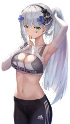 Rule 34 | 1girl, arm up, armpits, bad id, bad pixiv id, bare shoulders, blush, breasts, cleavage, commission, crop top, elbow gloves, girls&#039; frontline, gloves, green eyes, hair tie in mouth, hamstarhand, highres, hk416 (girls&#039; frontline), large breasts, long hair, looking at viewer, medium breasts, midriff, mouth hold, navel, pants, pixiv commission, revealing clothes, simple background, sleeveless, smile, solo, sports bra, stomach, sweat, thighs, very long hair, white background, white gloves, white hair, yoga pants