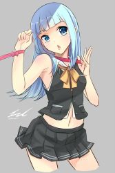 Rule 34 | 10s, 1girl, armpits, bare shoulders, blue eyes, blue hair, blunt bangs, bow, bowtie, buttons, choker, cowboy shot, cropped legs, eyebrows, grey background, hatsukaze (kancolle), kantai collection, long hair, lzd, matching hair/eyes, midriff, navel, open mouth, orange bow, orange bowtie, pleated skirt, pocket, red bow, ribbon, signature, simple background, skirt, sleeveless, solo, twitter username, vest