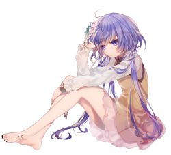 Rule 34 | 1girl, absurdres, ahoge, artist request, bare legs, barefoot, chain, cuffs, dress, flower, full body, hair flower, hair ornament, hand up, highres, knees up, leaf, long hair, long sleeves, low twintails, nail polish, petticoat, purple eyes, purple hair, purple nails, shackles, shirt, short dress, sitting, solo, thighs, toenail polish, toenails, touhou, transparent background, tsukumo benben, twintails, very long hair, white flower, white shirt, yellow dress